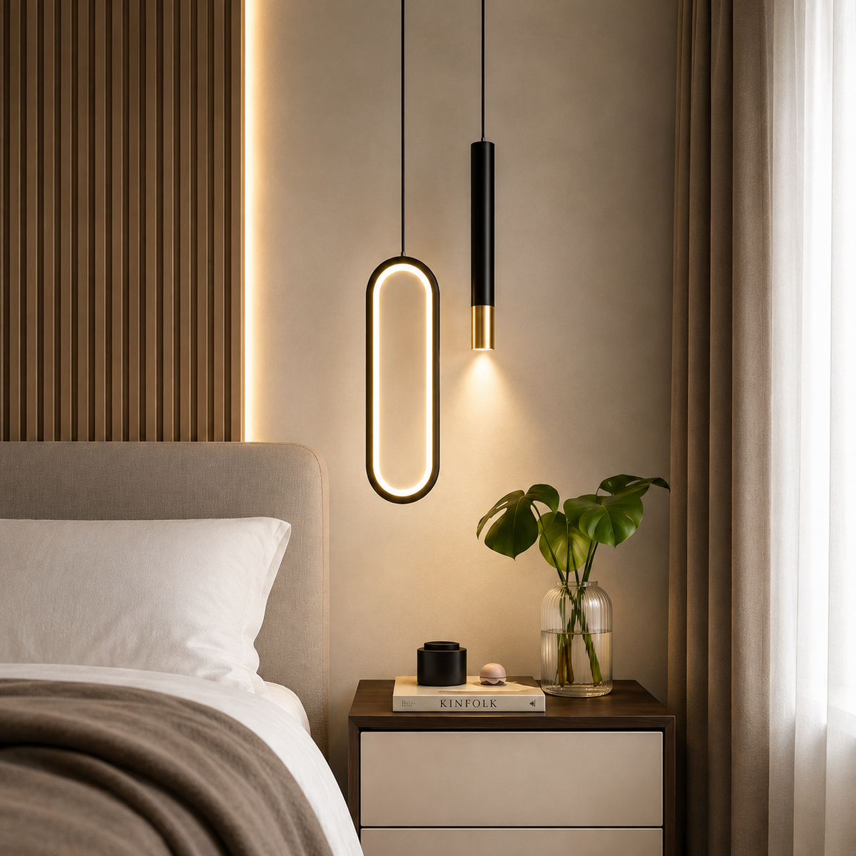 Schwarze LED Pendelleuchte im Schlafzimmer