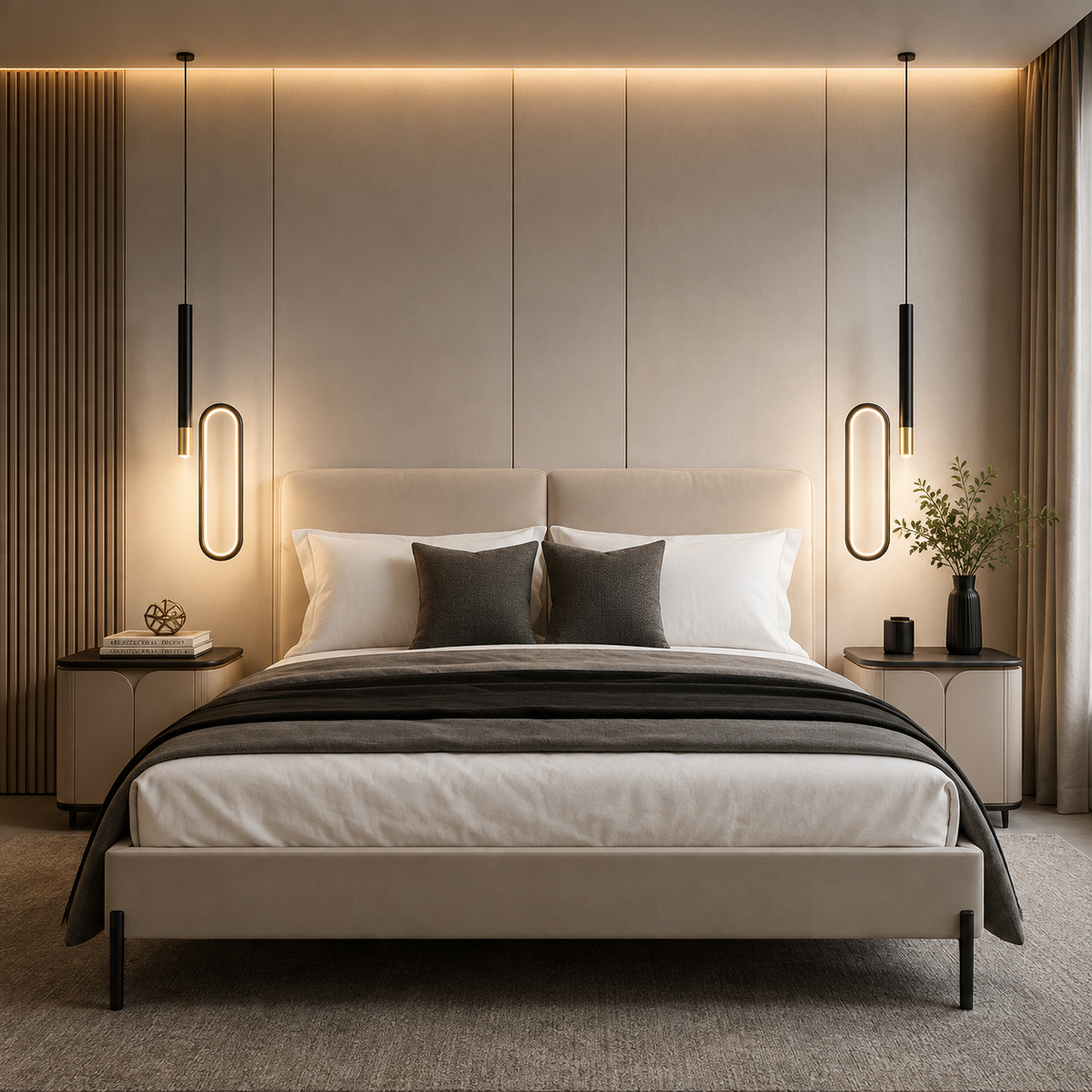 Zwei Schwarze LED Pendelleuchten im Schlafzimmer