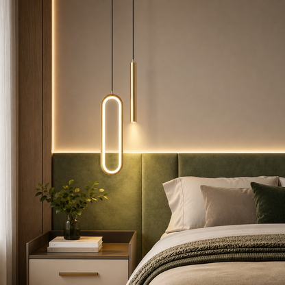 Goldene LED Pendelleuchte im Schlafzimmer