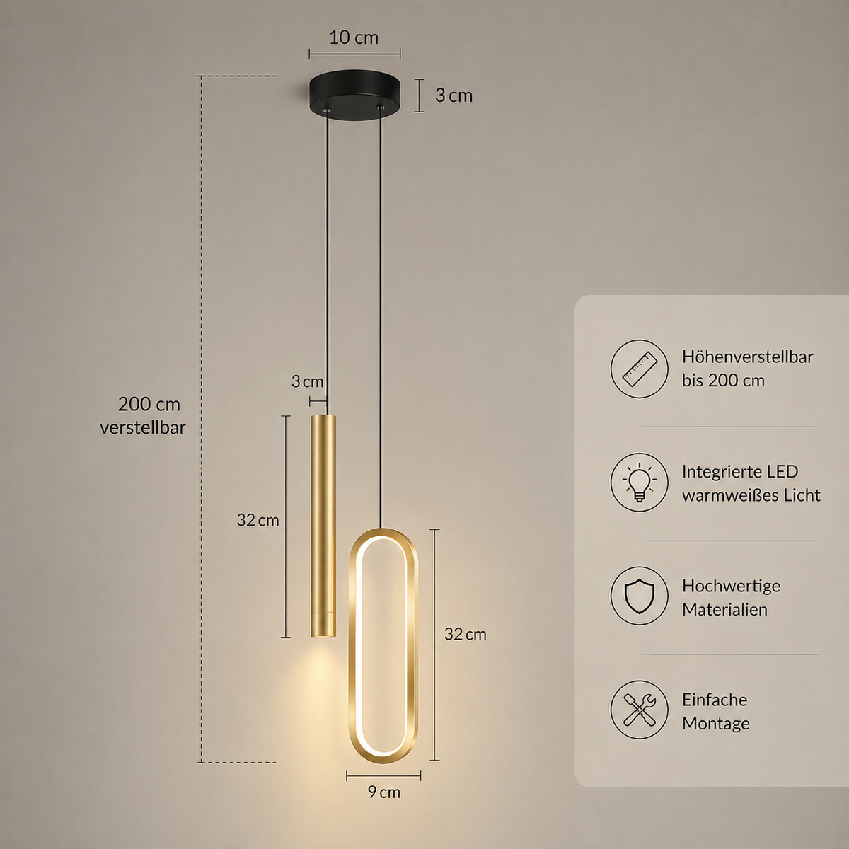 Goldene LED Pendelleuchte in einer Größentabelle