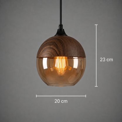 Runde Hängelampe in Holzoptik mit beigem Glas