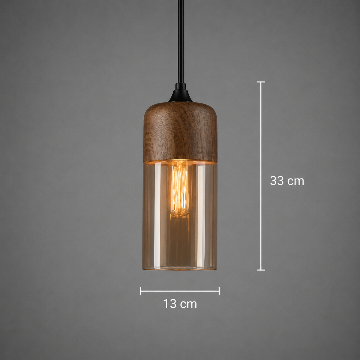 Längliche Hängelampe in Holzoptik mit beigem Glas