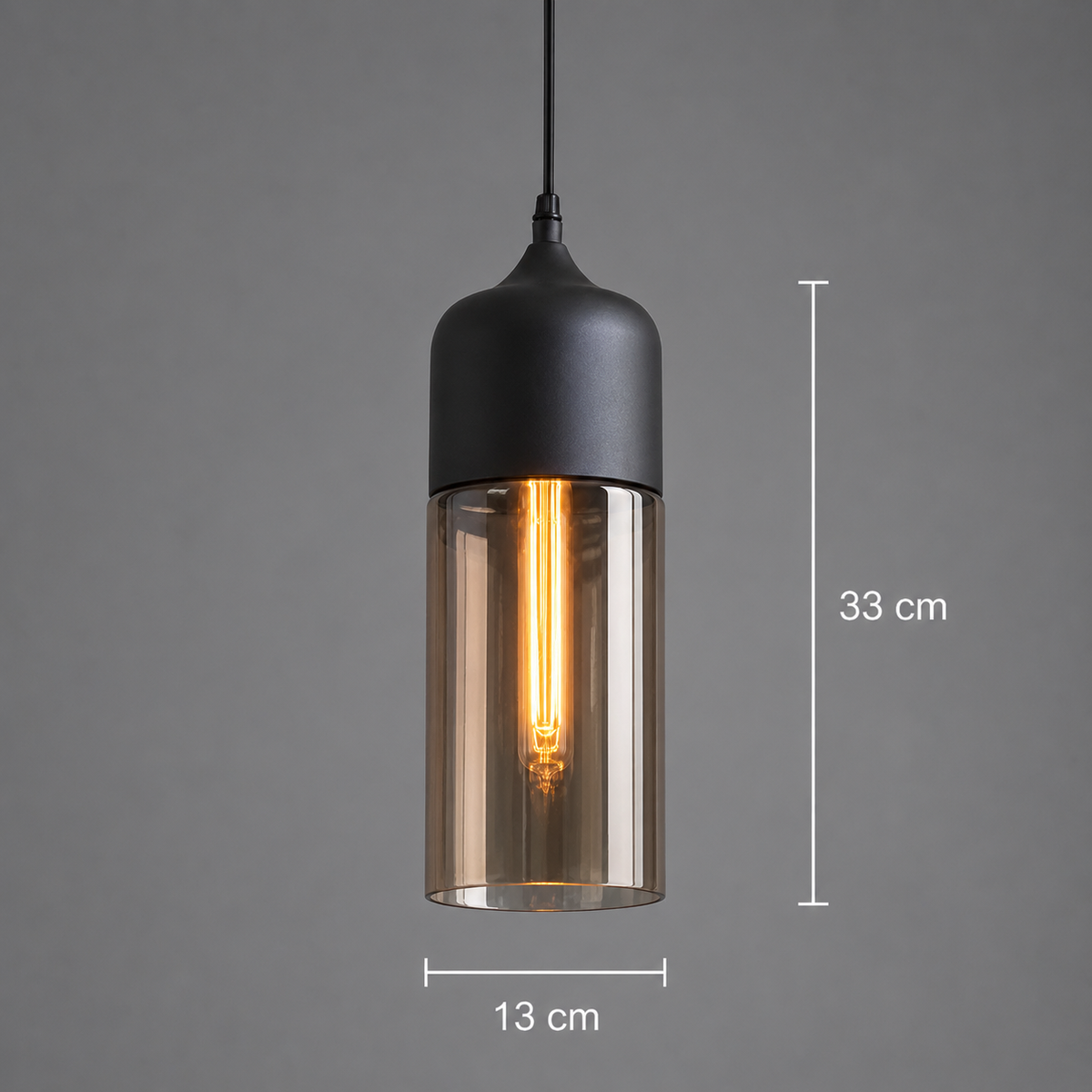 Längliche Hängelampe in Schwarz mit beigem Glas