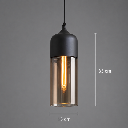 Längliche Hängelampe in Schwarz mit beigem Glas