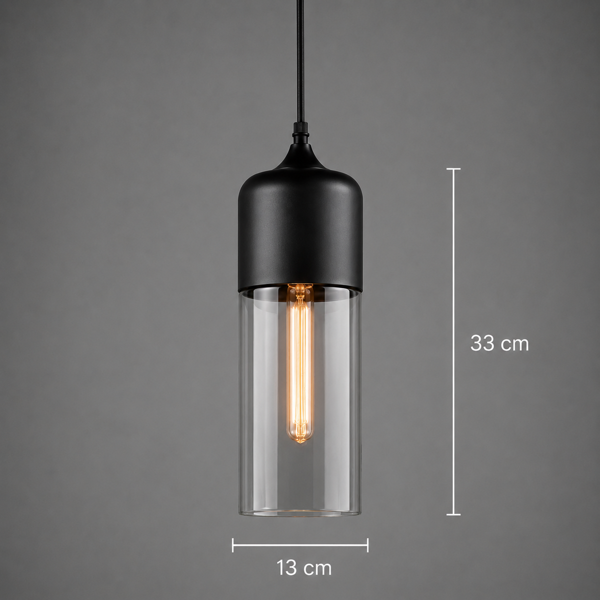 Längliche Hängelampe in Schwarz mit transparentem Glas