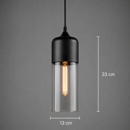 Längliche Hängelampe in Schwarz mit transparentem Glas