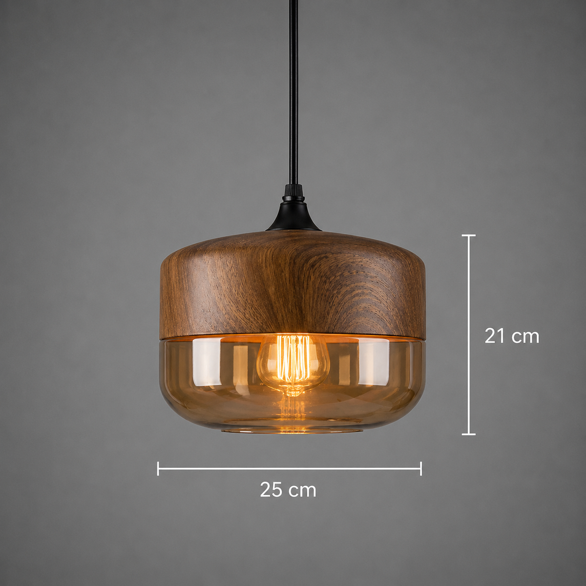 Ovale Hängelampe in Holzoptik mit beigem Glas