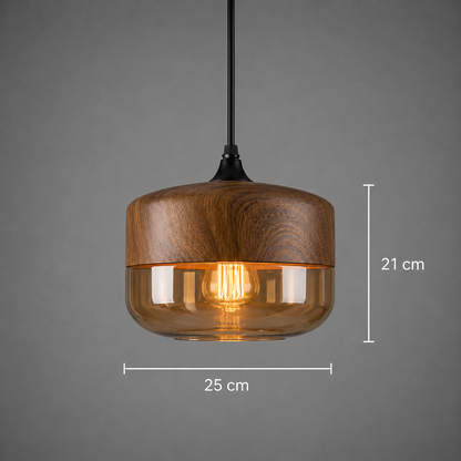 Ovale Hängelampe in Holzoptik mit beigem Glas
