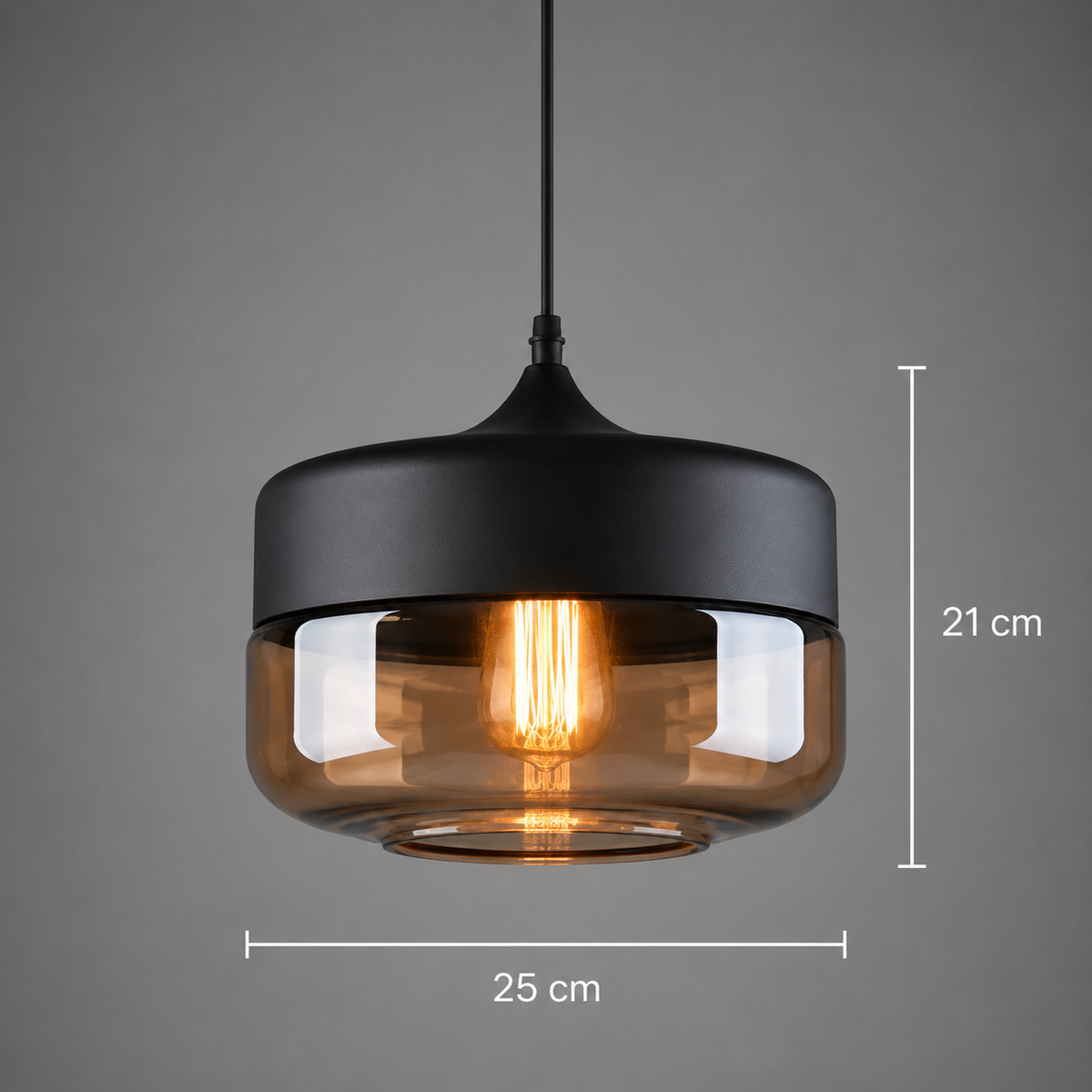 Ovale Hängelampe in Schwarz mit beigem Glas