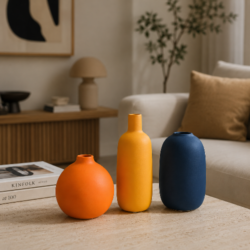 Drei Vasen aus Keramik in Orange, Gelb und Blau im Wohnzimmer