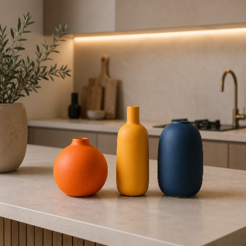 Drei Vasen aus Keramik in Orange, Gelb und Blau in einer Küche