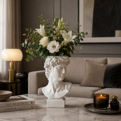 Weiße Vase in Form der Büste von David mit Blumen im Wohnzimmer