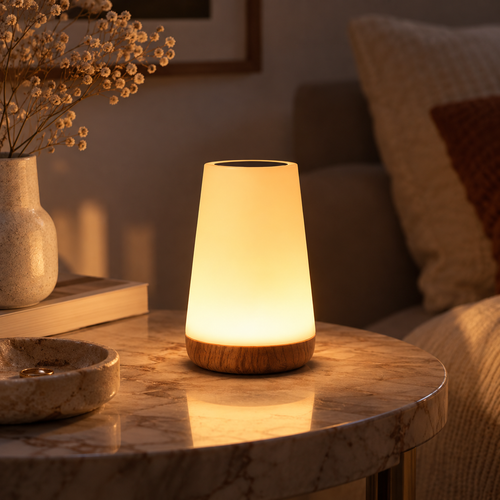 Warmleuchtende Tischlampe auf Marmortisch