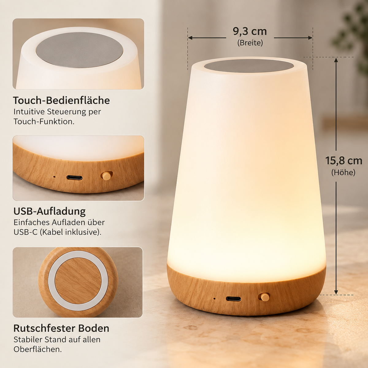 Kabellose Holztischlampe mit Detailansichten