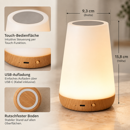 Kabellose Holztischlampe mit Detailansichten