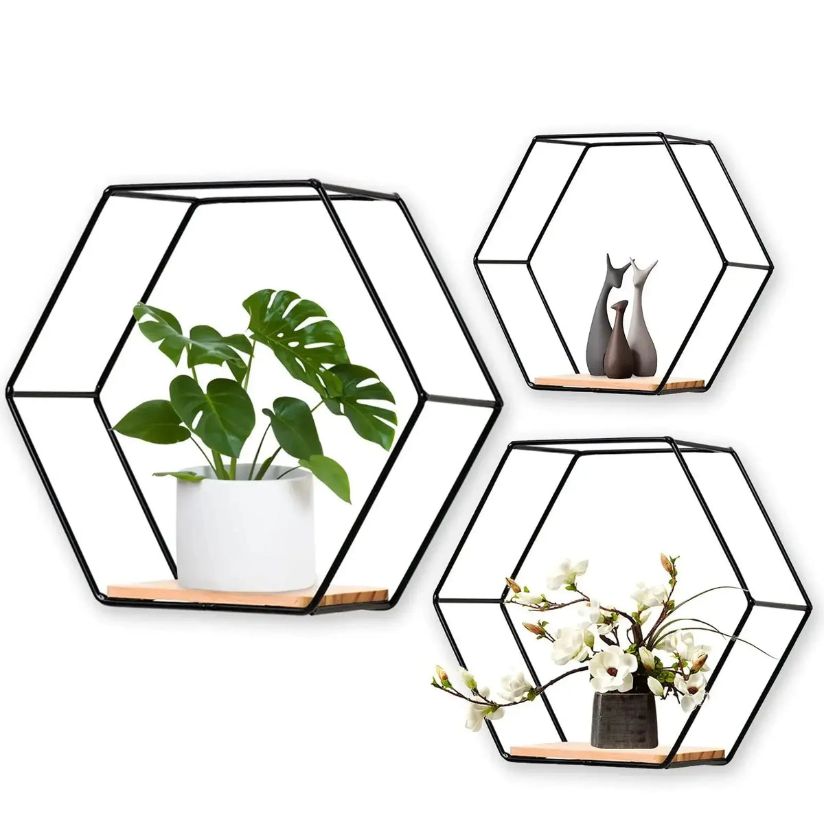 Drei Regale mit Hexagon-Design