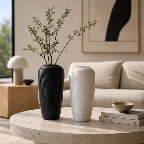 Zwei Keramikvasen in Schwarz und Weiß im Wohnzimmer