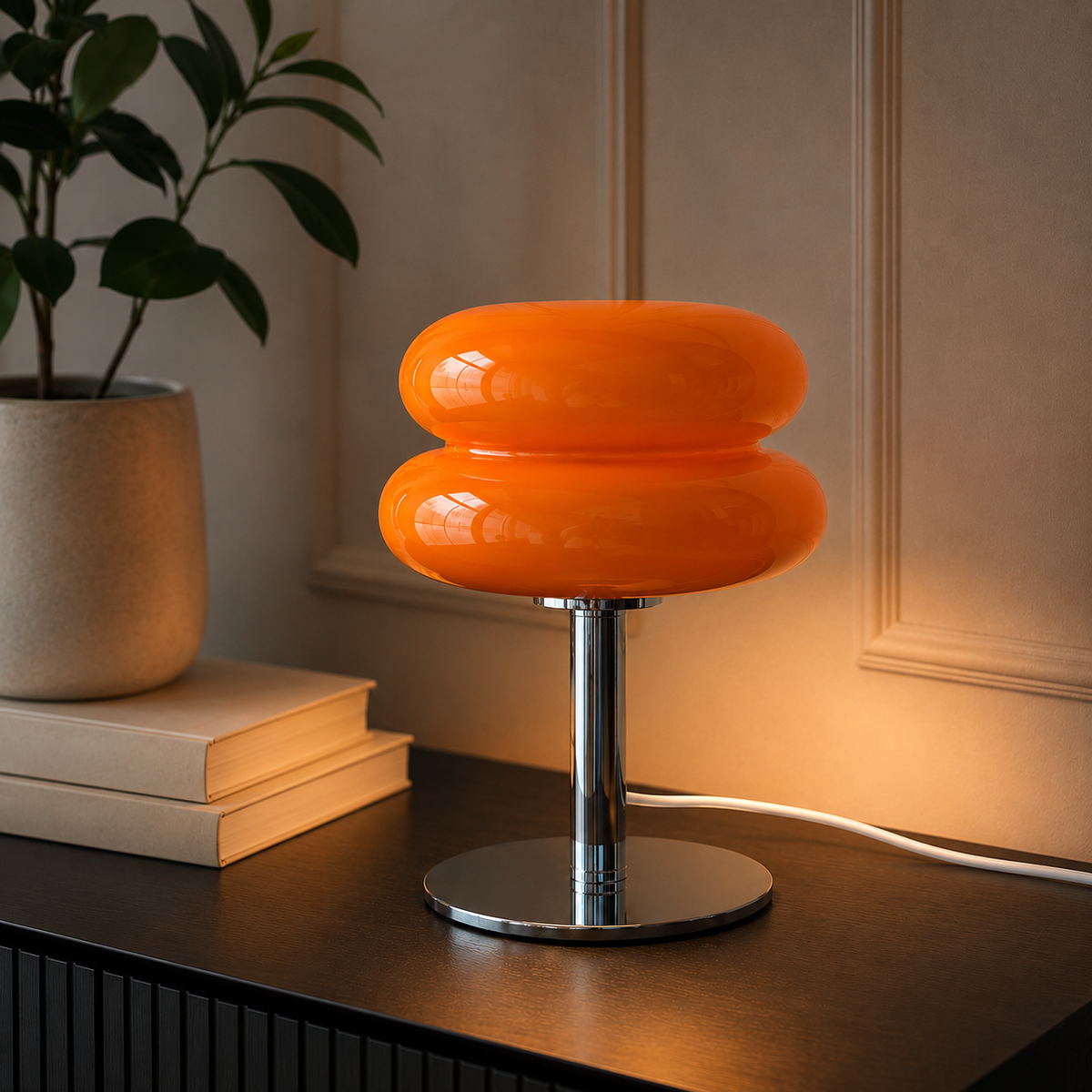Retro-Tischlampe in Orange auf einer Kommode