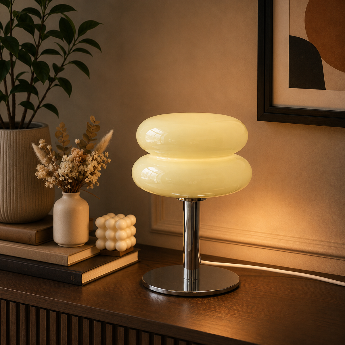 Retro-Tischlampe in Beige auf einer Kommode