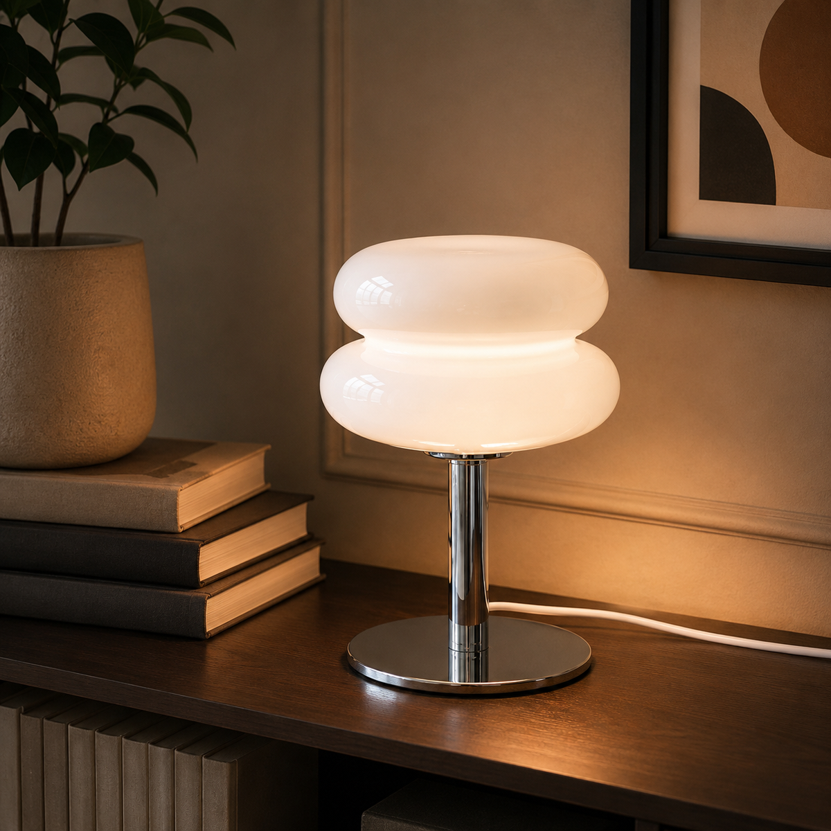 Retro-Tischlampe in Weiß auf einer Kommode
